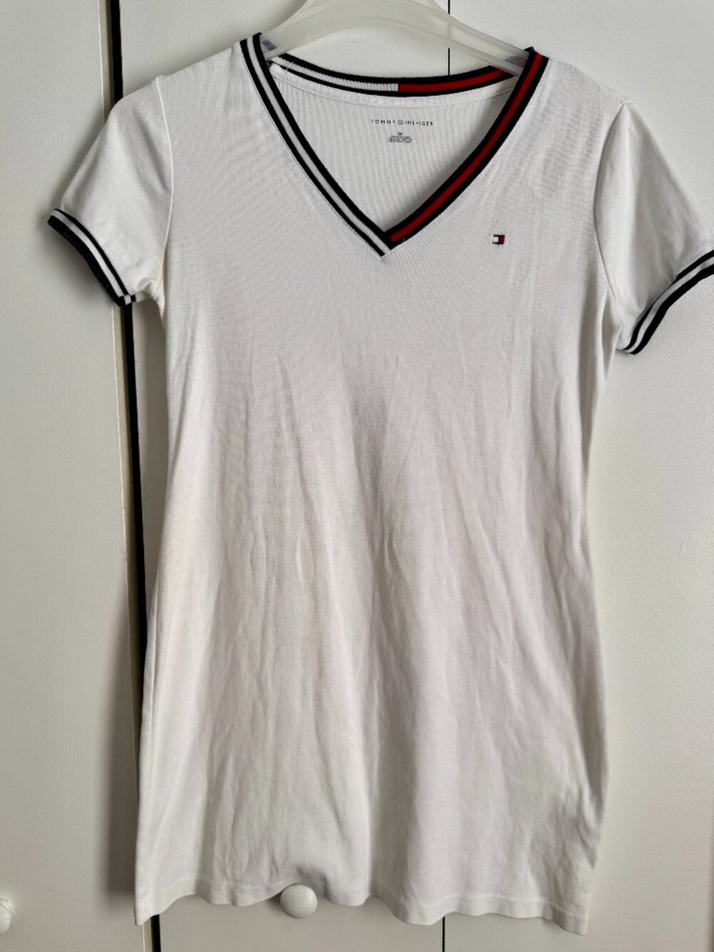 Tommy Hilfiger White V-Neck Signature Flag Stripe Logo T-Shirt Dress Size S/P